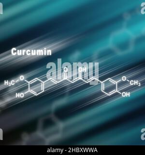 Kurkumin Kurkuma Gewürz, strukturelle chemische Formel futuristischer Hintergrund Stockfoto