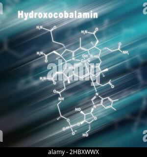 Hydroxocobalamin Vitamin B12, strukturelle chemische Formel futuristischer Hintergrund Stockfoto