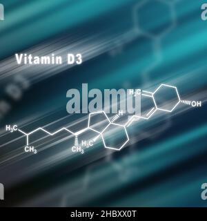 Vitamin D3, strukturelle chemische Formel futuristischer Hintergrund Stockfoto