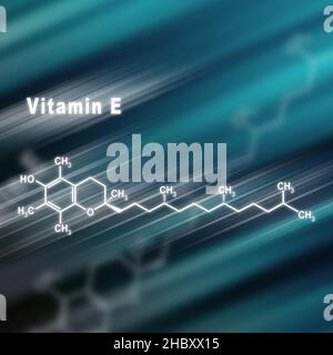 Vitamin E, strukturelle chemische Formel futuristischer Hintergrund Stockfoto