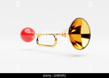 3D Illustration eines Trompetenmusikinstruments in Gold-roter Farbe im Cartoon-Stil auf weißem, isoliertem Hintergrund. Stockfoto