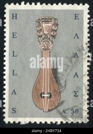 GRIECHENLAND - UM 1966: Briefmarke gedruckt von Griechenland, zeigt Lyre, um 1966 Stockfoto