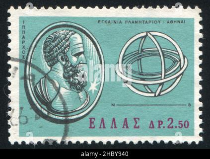 GRIECHENLAND - UM 1965: Briefmarke gedruckt von Griechenland, zeigt Hipparchus und Astrolabium, um 1965 Stockfoto