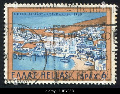 GRIECHENLAND - UM 1969: Briefmarke gedruckt von Griechenland, zeigt Ansicht von Astipalaia, um 1969 Stockfoto