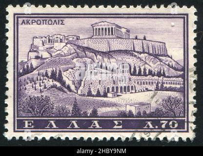 GRIECHENLAND - UM 1961: Briefmarke gedruckt von Griechenland, zeigt Akropolis, um 1961 Stockfoto