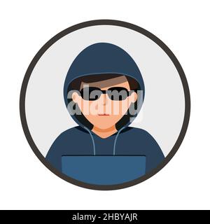 Hacker-Symbol. Mann in einem schwarzen Hoodie sitzt an einem Laptop. Hacker im Kreis isoliert Symbol auf weißem Hintergrund. vektor-Illustration in flachem Design. cyb Stock Vektor