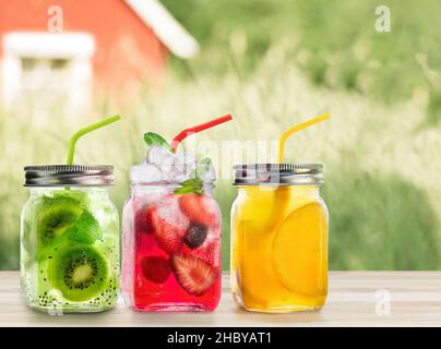 Gesunde Ernährung oder veganes Lebensmittelkonzept, frische Vitamine, erfrischendes Fruchtgetränk in Gläsern Stockfoto