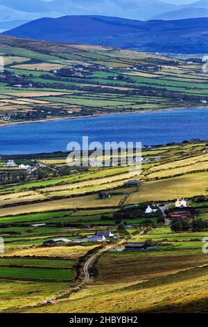 Blick vom Coomanaspig Pass auf Wiesen, Felder und Valentia Island, Skellig Ring Panoramastraße, Portmagee, Iveragh Peninsula, Kerry, Irland Stockfoto