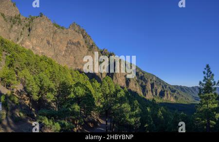 Felslandschaft der Caldera Taburiente vom Mirador de la Cumbrecita aus gesehen, La Palma, Spanien Stockfoto