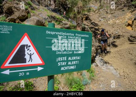 Steinschlagwarnschild, Caldera de Taburiente, El Paso, La Palma, Spanien Stockfoto