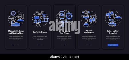 Aufbau des morgendlichen Routine-Nachtmodus Onboarding des Bildschirms der mobilen App Stock Vektor