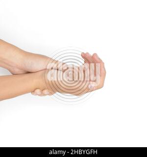 Schmerzhafter Palmar-Aspekt des asiatischen jungen Mannes. Konzept des Kompartiment-Syndroms und Schmerzen der Handmuskulatur. Stockfoto