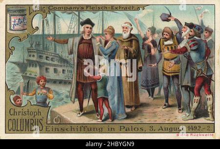 Serie Christoph Kolumbus, Einschiebung in Palos, 3. 1492. August / Christopher Columbus Serie, Einschiffung in Palos, 3. August 1492, Liebigbild, Digitale verbesserte Reproduktion eines Sammelbildes der Firma Liebig, geschätzt von 1900, pd / digital restaurierte Produktion eines Sammelbildes von ca 1900, gemeinfrei, Stockfoto