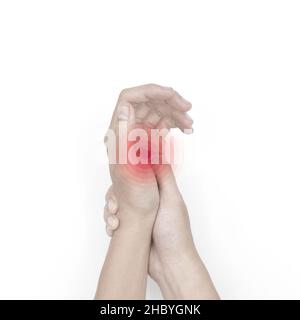 Schmerzhafter Palmar-Aspekt des asiatischen jungen Mannes. Konzept des Kompartiment-Syndroms und Schmerzen der Handmuskulatur. Stockfoto