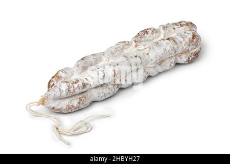 Einzelne ganze französische handgemachte Trockenwurst, Saucisson sec, isoliert auf weißem Hintergrund Stockfoto
