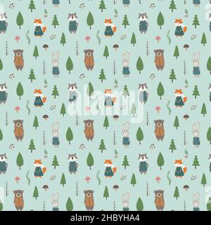 Niedliche Tiere Nahtloses Muster. Cartoon Tiere im Wald Hintergrund. Vektorgrafik. Stock Vektor