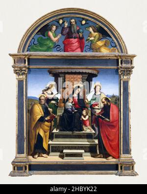 Raphael / Rafaello - Madonna mit Kind auf dem Thron der Heiligen (ca. 1504) berühmtes Gemälde. Stockfoto