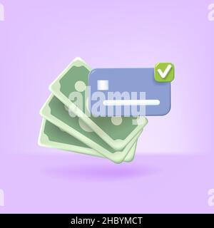 Kreditkarte, Geld grüne Dollar, Häkchen. Realistisches 3D-Design im Cartoon-Stil. Kreatives Konzept Cash-Back-Handel. Einkaufszeit. Stock Vektor