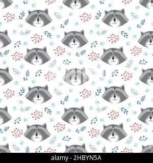 Niedliches Raccoon Nahtloses Muster. Cartoon Tiere im Wald Hintergrund. Vektorgrafik. Stock Vektor