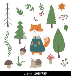 Niedlicher Fuchs im Wald. Cartoon Tier im Wald mit Bäumen und Pflanzen. Vektorgrafik. Stock Vektor