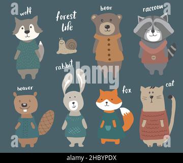 Niedliche Tiere in Kleidung. Cartoon Wald Wildtiere Sammlung, Fuchs, Wolf, Bär, Biber, Waschbär, Kaninchen und Wildkatze. Vektorgrafik. Stock Vektor