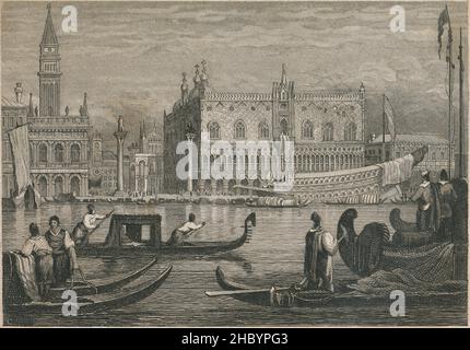 Antike Gravur um 1830, Piazzetta-Säule, Herzogspalast und Bucentaur, in Venedig, Italien. QUELLE: ORIGINALGRAVUR Stockfoto