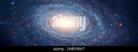 Riesige rotierende Galaxie mit einem hellen warmen Leuchten im Zentrum mit Sternensystemen am dunklen Himmel. Breiter Rahmen. Elemente dieses Bildes, die von der NASA eingerichtet wurden Stockfoto