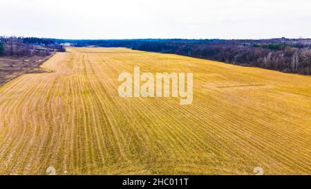 Ein entfernter Blick auf ein Bauernfeld im Herbst Stockfoto