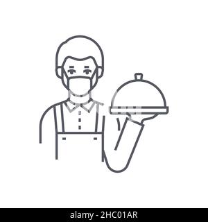 Young Kellner – modernes Symbol im schwarzen Liniendesign auf weißem Hintergrund. Ordentlich detaillierte Bild des Menschen in einer Maske mit einem fertigen Gericht auf der Hand. Resta Stock Vektor