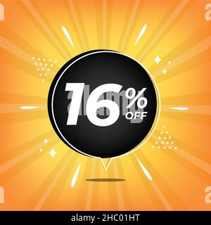 16 % Rabatt. Gelbes Banner mit sechzehn Prozent Rabatt auf einen schwarzen Ballon für Mega-Umsatz. Stock Vektor