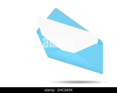 Umschlag mit leerer Karte vor weißem Hintergrund, isoliert, Abbildung 3D Stockfoto