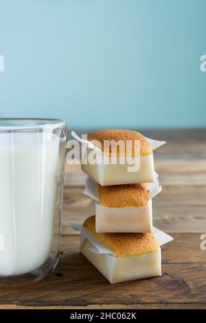 Hausgemachte Cupcakes mit einem Glas Milch auf einem Holztisch mit blauem Hintergrund. Speicherplatz kopieren. Vertikales Foto. Handgemachte Madaeleine. Stockfoto