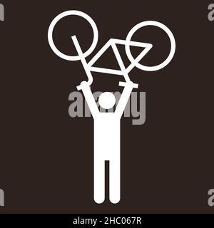 Radfahrer, die Fahrrad heben. Radsport-Sieger-Symbol auf dunklem Hintergrund Stockfoto