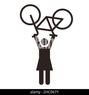 Frau, die Fahrrad hebt. Frauenpower-Symbol. Symbol für den Radsport-Sieger auf weißem Hintergrund isoliert Stockfoto