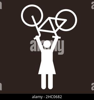 Frau, die Fahrrad hebt. Frauenpower-Symbol. Radsport-Sieger-Symbol auf dunklem Hintergrund Stockfoto