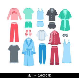 Frauen Hauskleidung und Bettwäsche. Flache Vektorgrafik. Bequeme Loungewear-Kleidungsstücke zum Tragen im Bett. Hosen und Shorts mit Hemden und Oberteilen, Schlafanzug Stock Vektor