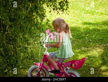 Kleines Mädchen Reiten 12 Zoll rosa Mädchen Pedal Fahrrad mit Trainingsrädern im offenen Schatten auf grünen Wiese Hinterhof Stockfoto