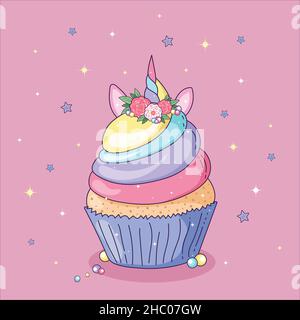 Niedliches Einhorn-Cupcake auf einem rosa Hintergrund, Vektorgrafik. Stock Vektor