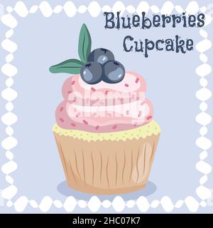 Handgezeichneter Blaubeer-Cupcake. Doodle Illustration von Dessert in Vektor Stock Vektor