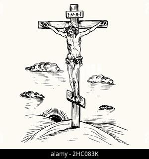 Jesus Christus gekreuzigt, Golgatha Landschaft mit dunkler Sonne und Wolken. Tusche schwarz-weiße Doodle-Zeichnung im Holzschnitt-Stil mit Inschrift. Stockfoto
