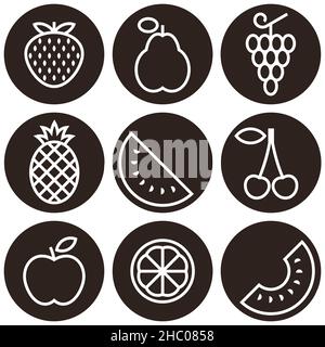 Früchte Icon Set - Trauben, Apfel, Birne, Kirsche, Quitte, Erdbeere, Melone, Zitrone und Wassermelone isoliert auf weißem Hintergrund Stockfoto