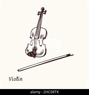 Violine. Tusche schwarz-weiße Doodle-Zeichnung im Holzschnitt-Stil mit Inschrift. Stockfoto