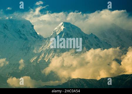 Annapurna South (links) und Hiunchuli in den Wolken im nepalesischen Himalaya, aus Sarangkot, Pokhara, Nepal. Stockfoto