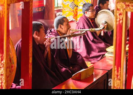 Junge buddhistische Novizen spielen tibetische Trompeten in einem Kloster im Swayambhunath-Komplex in Kathmandu, Nepal. Stockfoto