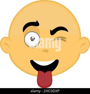 Vektor-Illustration des Gesichts einer kahlen, gelben Zeichentrickfigur winkend und mit der Zunge heraus Stock Vektor