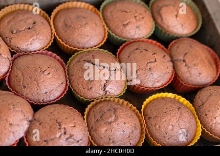 Frisch zubereitete Schokoladen-Muffins auf einem Backblech hausgemachtes Backen. Nahaufnahme Stockfoto