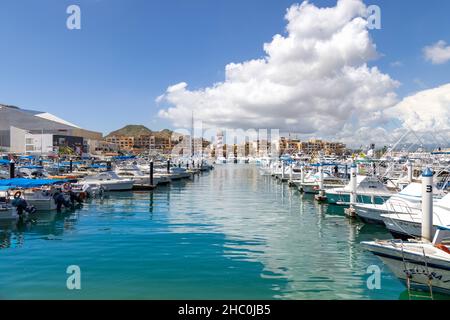 Cabo San Lucas, Los Cabos, Mexiko, 2. Oktober 2021: Marina und Yacht Club Area in Cabo San Lucas, Los Cabos, ein Ausgangspunkt für Kreuzfahrten, Marlin Angeln und Lancha-Boote zum Arch El Arco und zu den Stränden Stockfoto