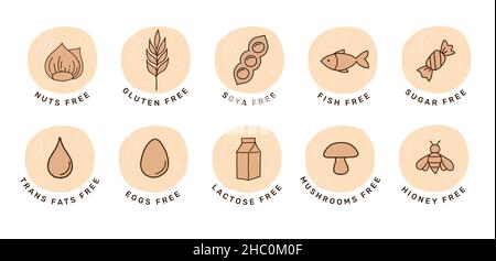 Symbol für handgezeichnete Allergene. Sammlung von glutenfreien, Fisch, Ei, Nüssen, Soja, Milch, milchfreie Symbole, Aufkleber und Symbole Stock Vektor