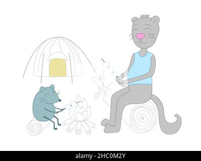 Rest von Freunden in der Natur mit Zelten. Vektordarstellung einer Katze und einer Maus, die über einem Feuer Sumpflandschaften rösten. Übernachtung in der Natur. Stock Vektor