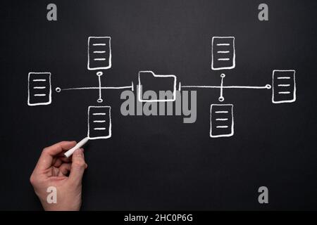 Konzept Dokumentenmanagementsystem oder DMS. Person zeichnet ein Diagramm des Inhalts und des Speicherorts des Ordners. Stockfoto